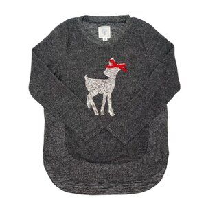 Girls' charcoal grey long-sleeved blouse with sequin deer detail, Size M(10/12)